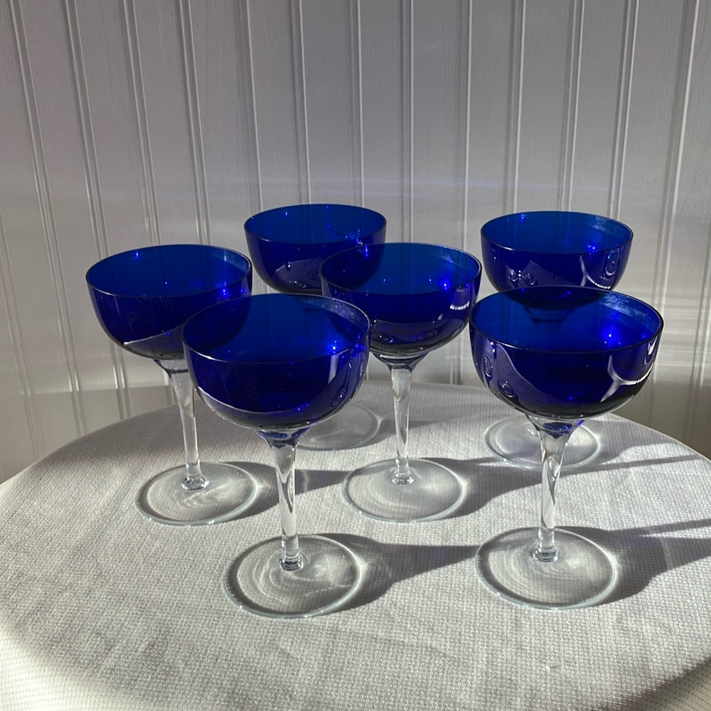 Cobalt Blue Stemmed Champagne/Wine Glasses With Clear Stems. Set of 6